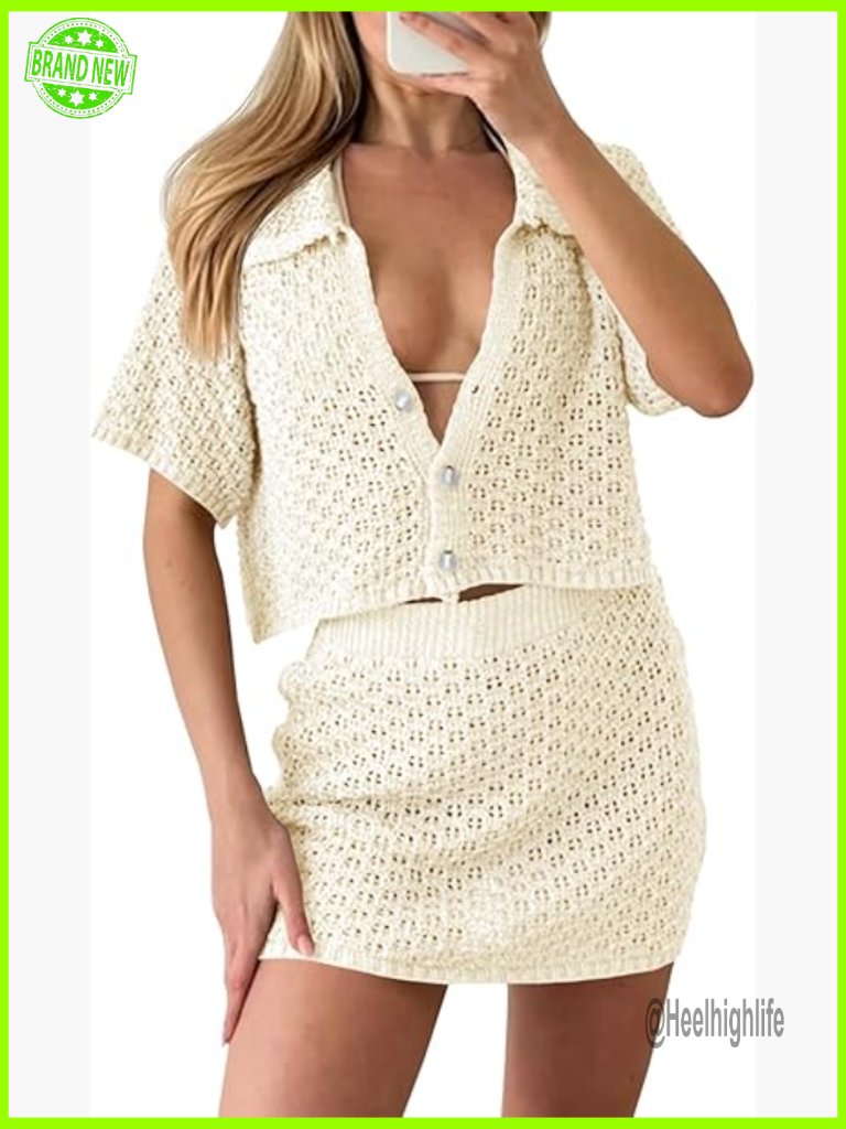 Crochet 2 Piece Cover Up Set Crop Top Mini Skirt Knit Beach Summer Outfit